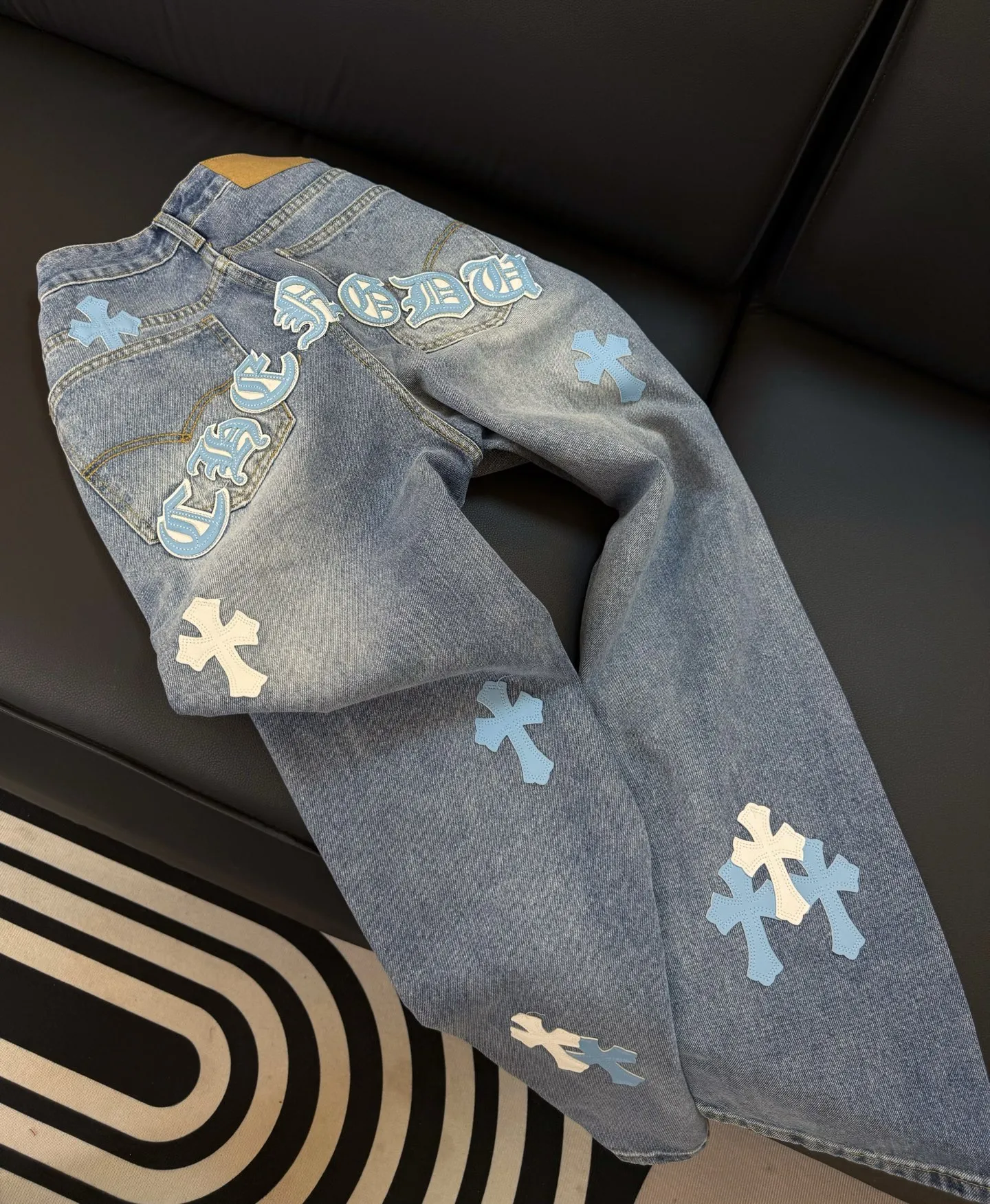 P280 Style number: D316 Chrome Hearts washed blue leather jeans Size# 28 30 32 34